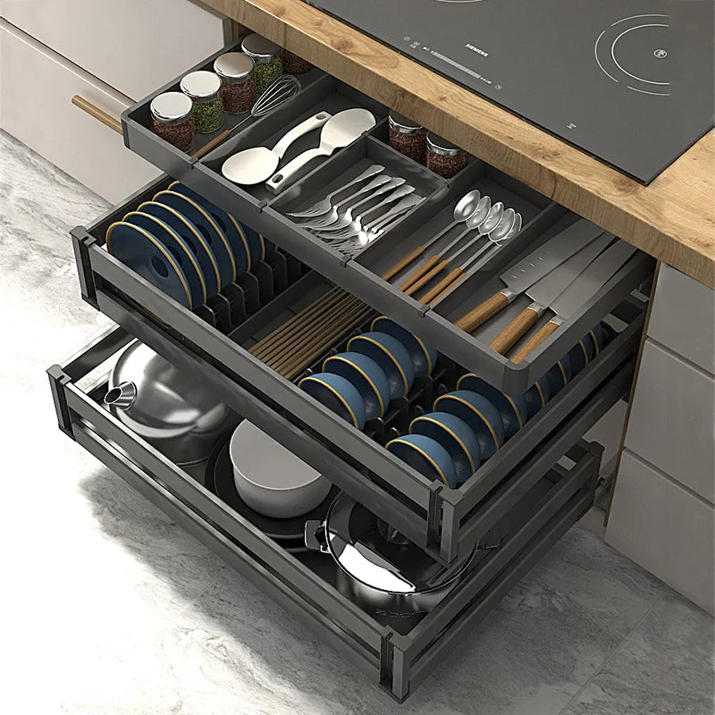 Kitchen Cabinet Aluminum Alloy Basket Three-layer Drawer Dish Rack Blue Rack Inside Cabinet
