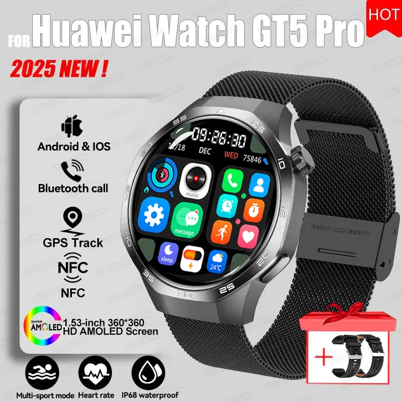 2025 New GT5 Pro GPS Track Compass Smart Watch Men 360*360 AMOLED Screen NFC BT Call Waterproof Health Monitor Man Smartwatches