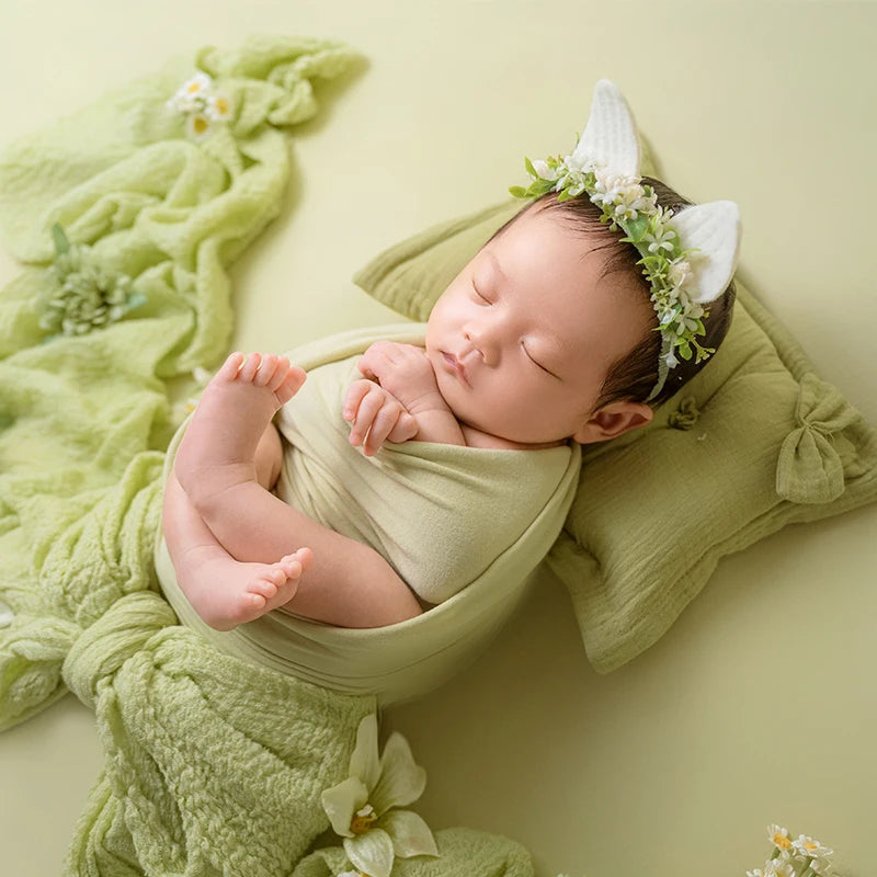Green Theme Newborn Baby Photography Props Cute Bow Headflower Baby Posing Elastic Wrapping Cloth Background Blanket Accessories