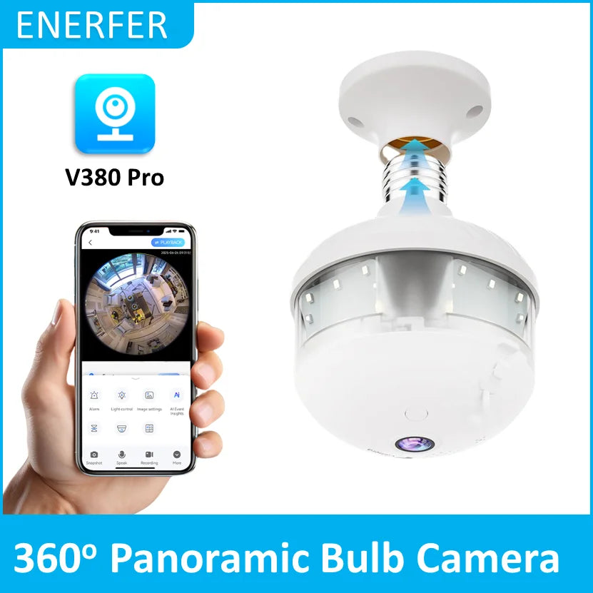 V380 PRO App 360 Panoramic View Bulb 3MP Camera Night Vision WiFi CCTV Fisheye Len Flood Light Camera
