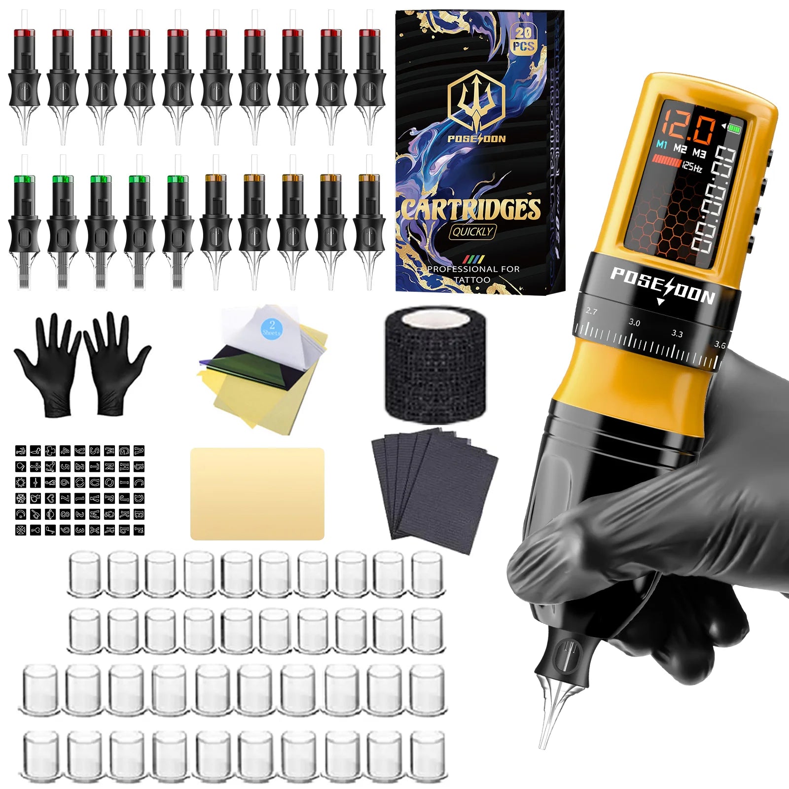 Tattoo Kit POSEIDON V5 New Yellow Tattoo Pen Kit For Permanent Makeup Tattoo Machine Kit Adjustable Wireless Tattoo Gun Kit