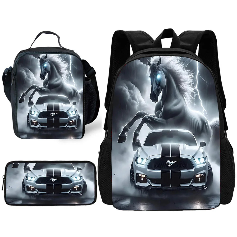 Child School Backpack with Fashion M-Mustangs car logo Lunch Bags ,Pencil Bags ,School Bags for Boys Girls Best Gift