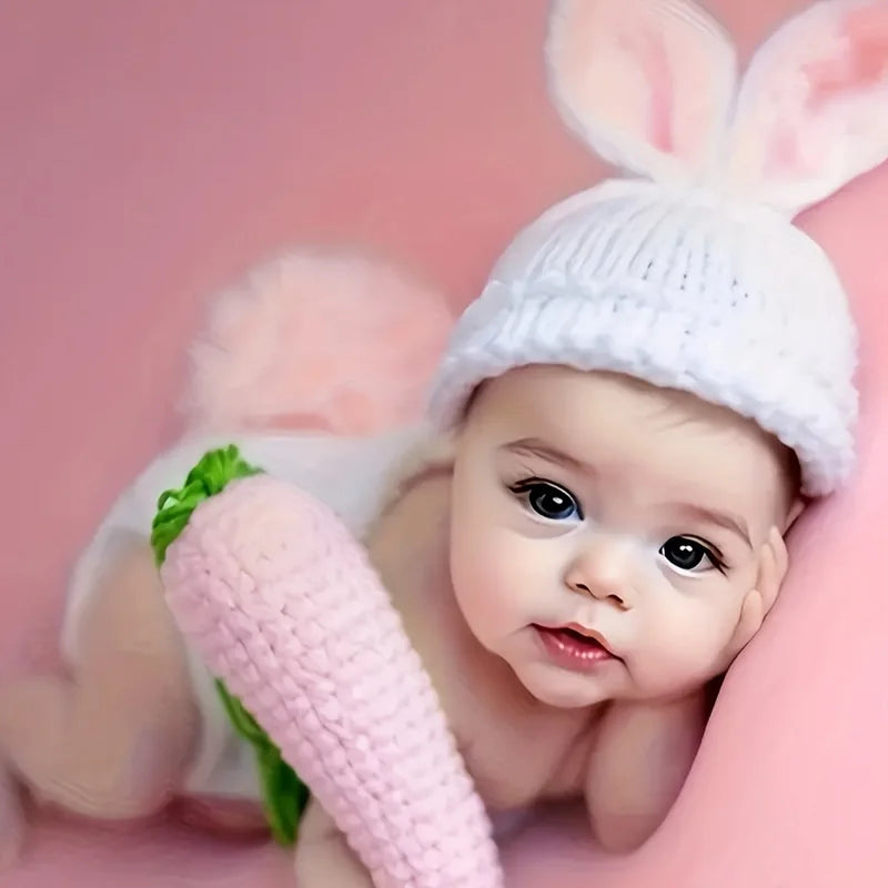 1 Set Handmade Blend Newborn Bunny Outfit, Baby Rabbit Photography Props, Crochet Knitting with Ears Hat and Carrot Accessory