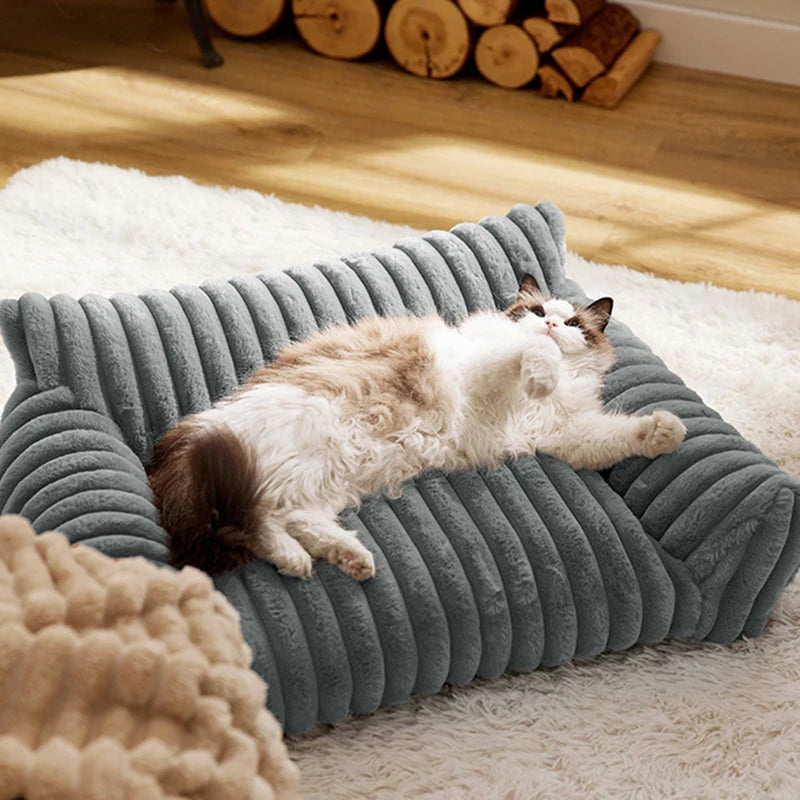Winter Warm Cat Bed Sofa Removable Washable Cat Nest Soft Striped Pet Bed for Small Medium Dogs Cats Comfortable Plush Puppy Bed