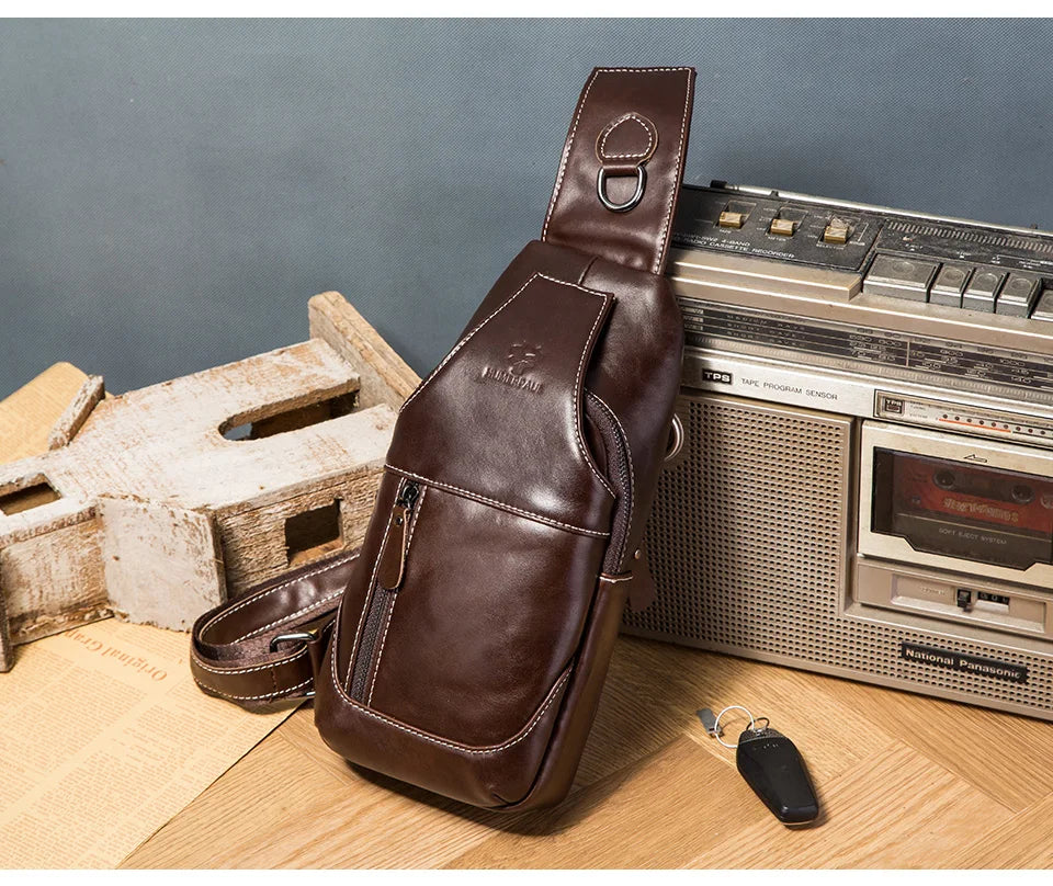 HUMERPAUL New Men's Chest Bag Crossbody Pack Genuine Leather Large Capacity Casual Messenger Bag Retro Men Handbag Shoulder Bag