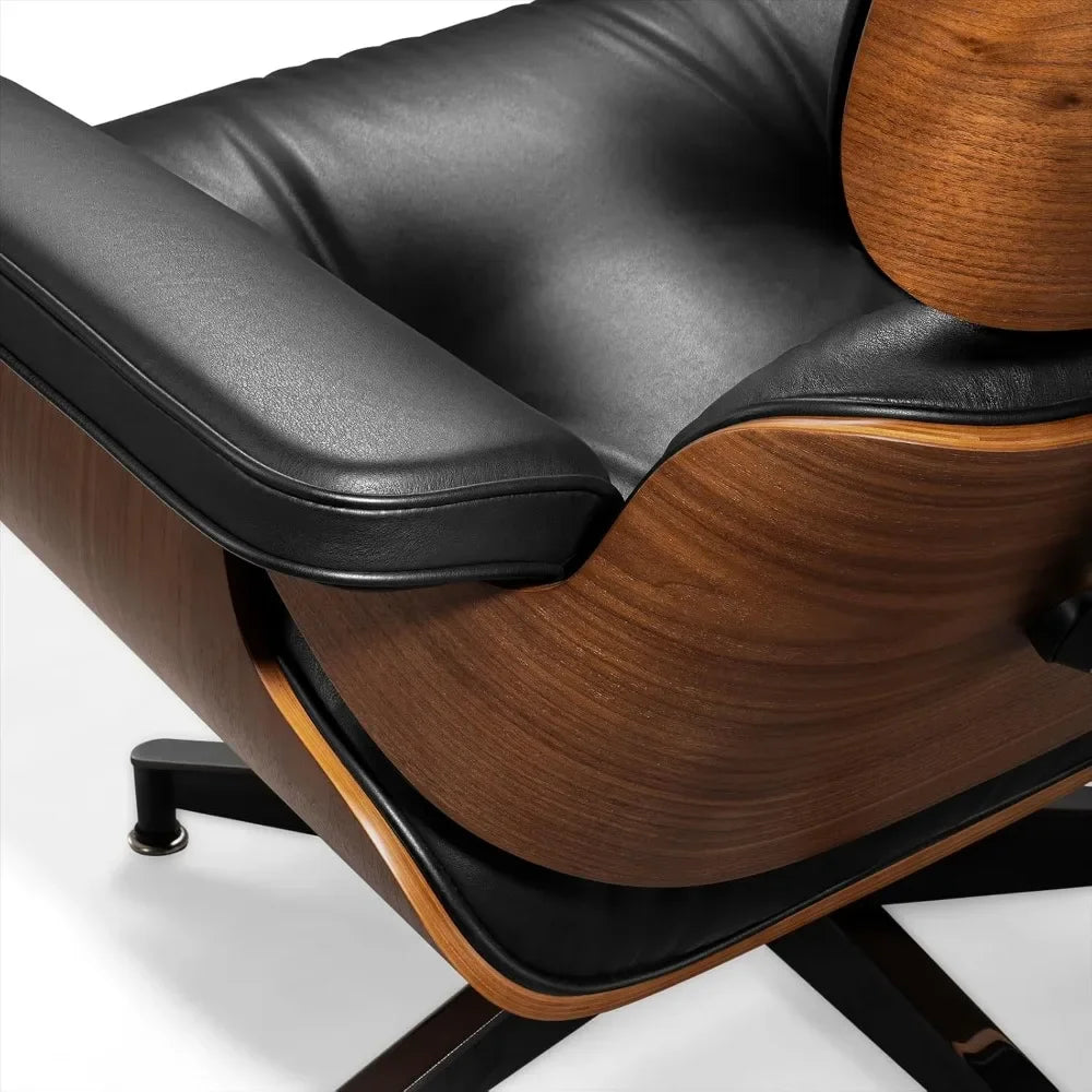 Chaise Lounge Chair with Ottoman Genuine Leather High-Resilience Foam Cushions Mid Century Modern Ergonomic Design