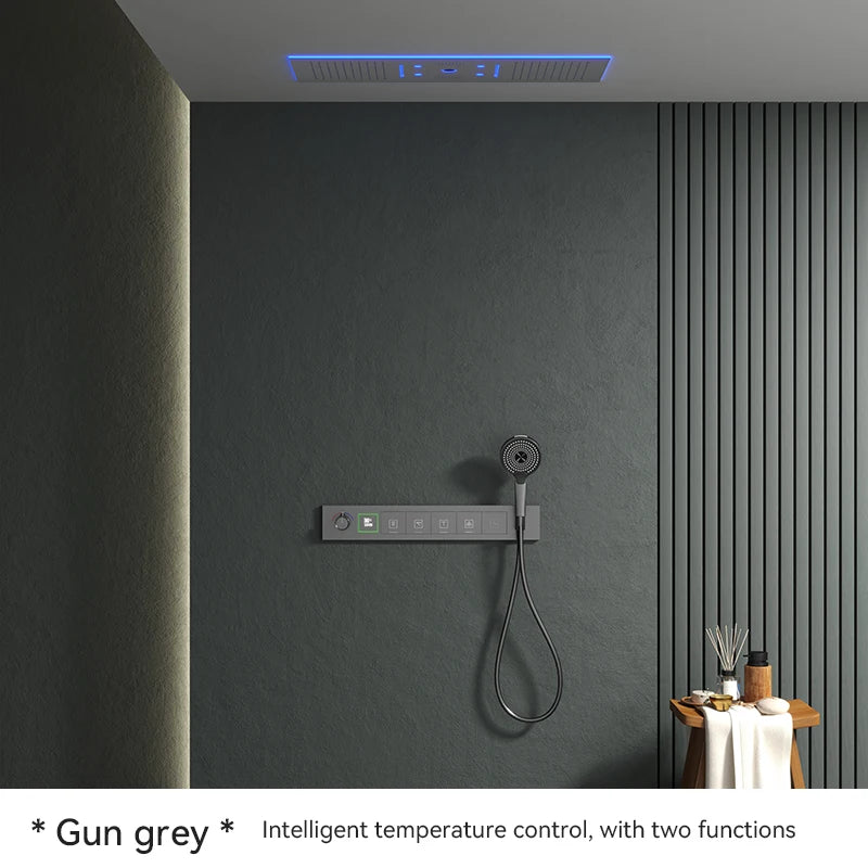 Luxury Ceiling Shower System Set Concealed Thermostatic Brass Digital Display Hydro Generator Rainfall  with Light and Bluetooth