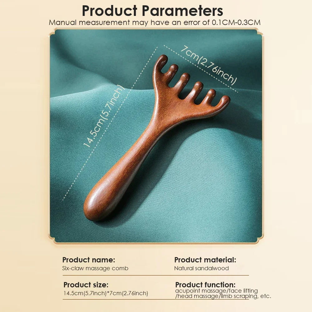 Natural Sandalwood Massage Comb Six-Claw Head Acupoint Massage Gua Sha Tool Neck Face Lifting Scraping Massager