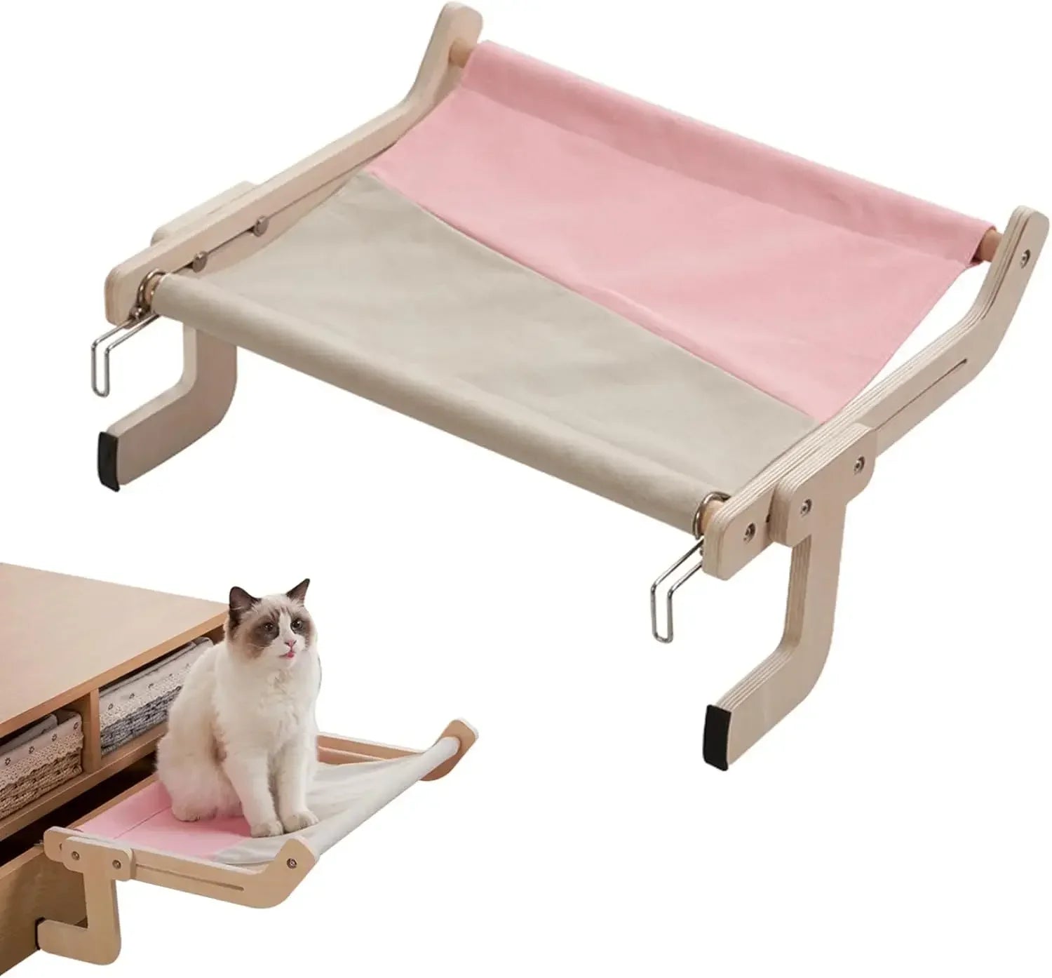 Cat hammock with pet window, Cat hanging hammock with detachable balcony, wooden stand, indoor turndown bed, pet nest