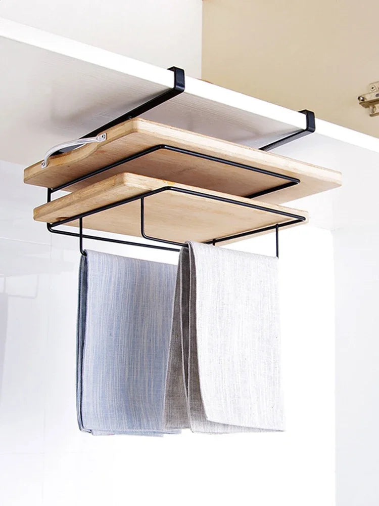 Cutting Board Kitchen Shelf, Double-Layer Perforation-Free Cabinet Hanger, Rag, Cutting Board Storage And Finishing Iron Hanger
