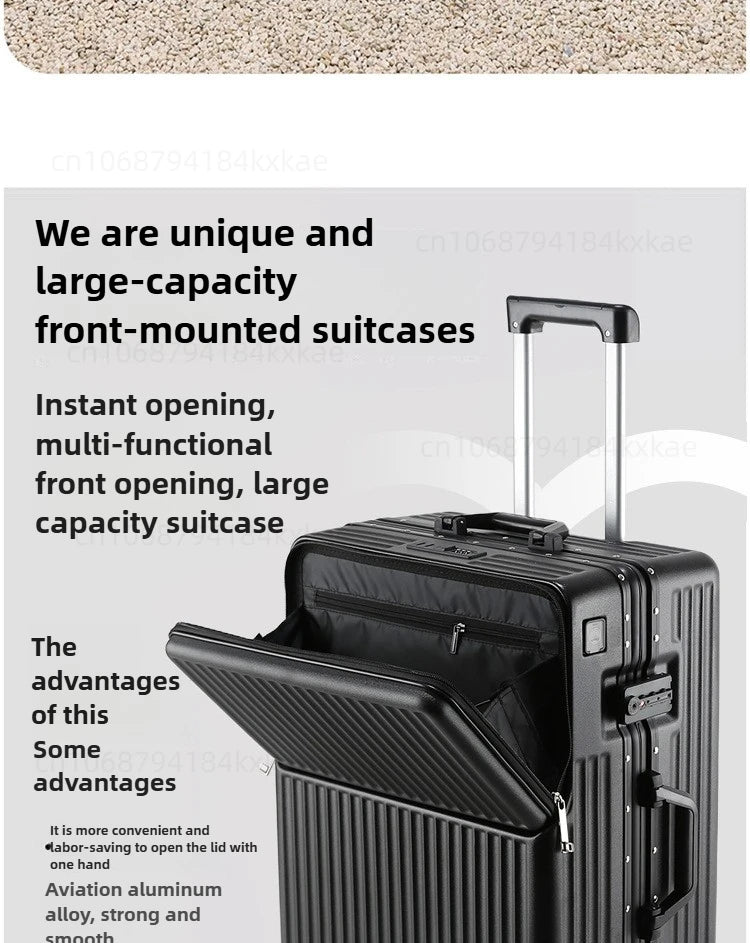 Aluminium Frame Rolling Luggage with Cup Holder Mobile Phone Holder Front Opening Suitcase Large capacity Travel Suitcase