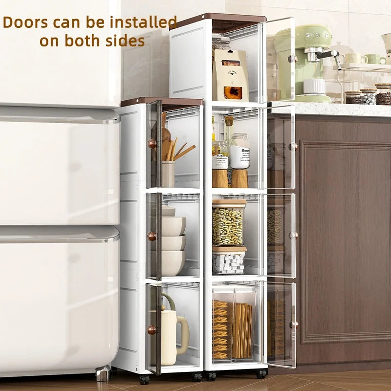 The transparent storage cabinet with wheels in the gap saves space in the kitchen and living room for storing snacks