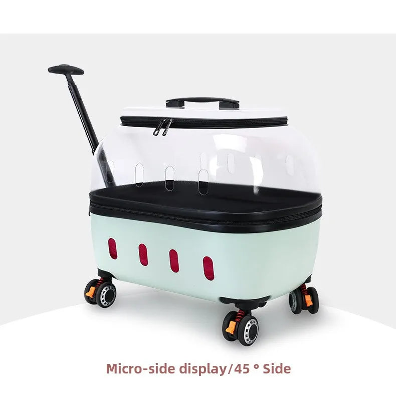 Fashion Transparent Cat Cage Large Capacity Pet Suitcase Breathable Cat Carriers Pull Rod/Handheld Dual Use Cat Transport Cart