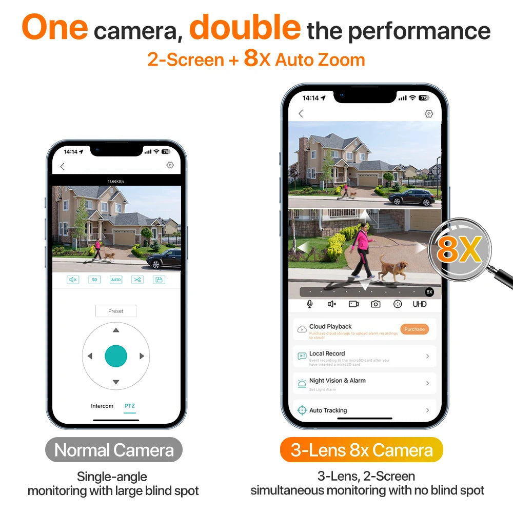 IP Camera 6K 9MP HD WiFi Outdoor Camera 8x Zoom Three Lens Dual Screen Home Security PTZ Camera 6MP Video Surveillance iCSee