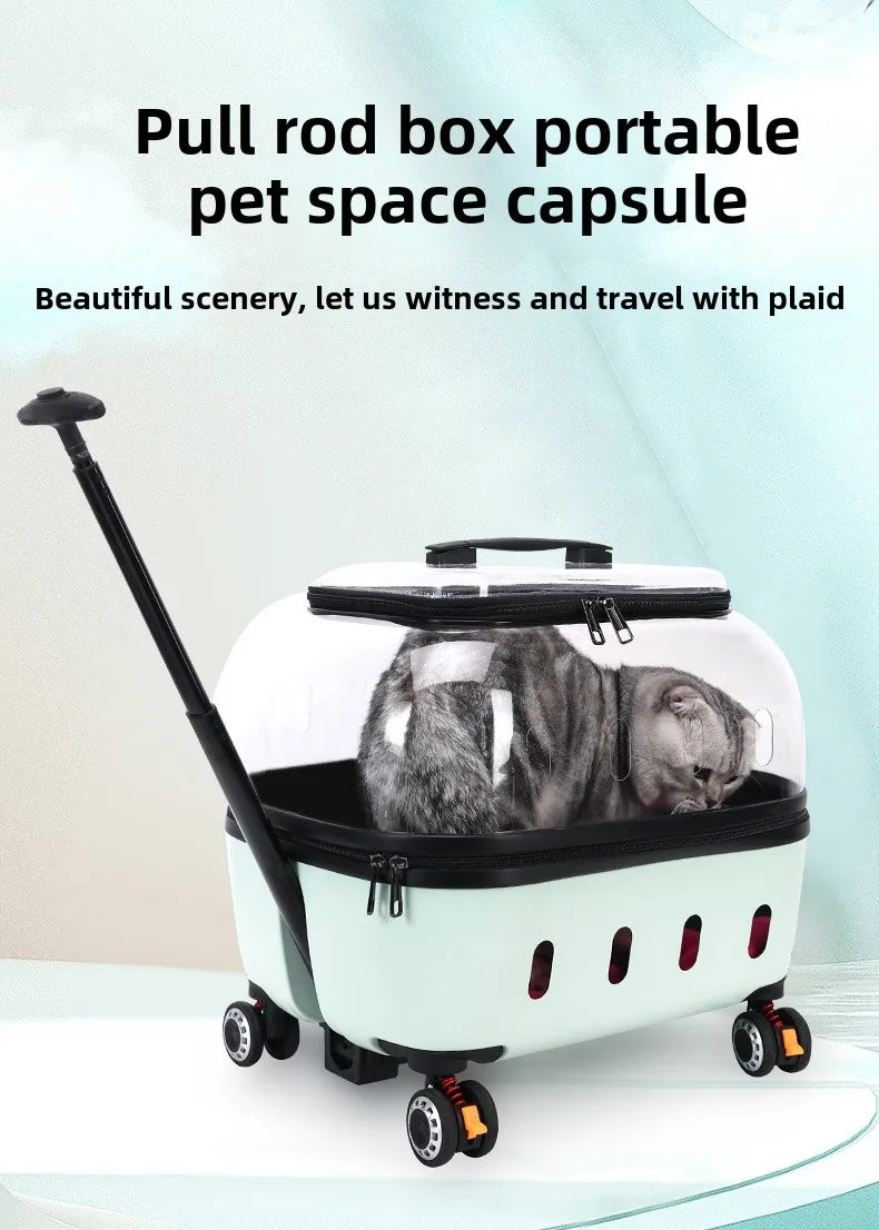 Fashion Transparent Cat Cage Large Capacity Pet Suitcase Breathable Cat Carriers Pull Rod/Handheld Dual Use Cat Transport Cart