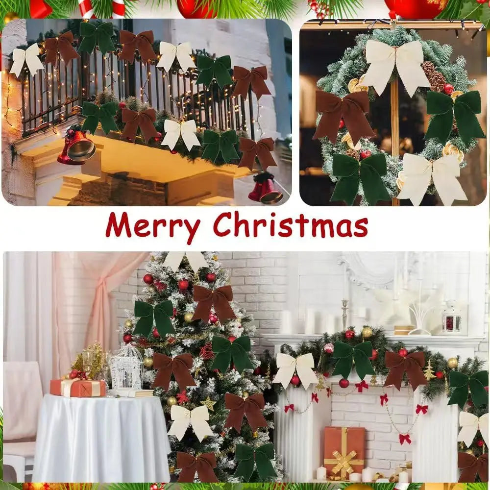 5PCS Christmas Velvet Bows 6 Inch Rustic Wreath Bows Vintage Xmas Ribbon Bow Holiday Ornaments  Christmas Tree Garland DIY Craft