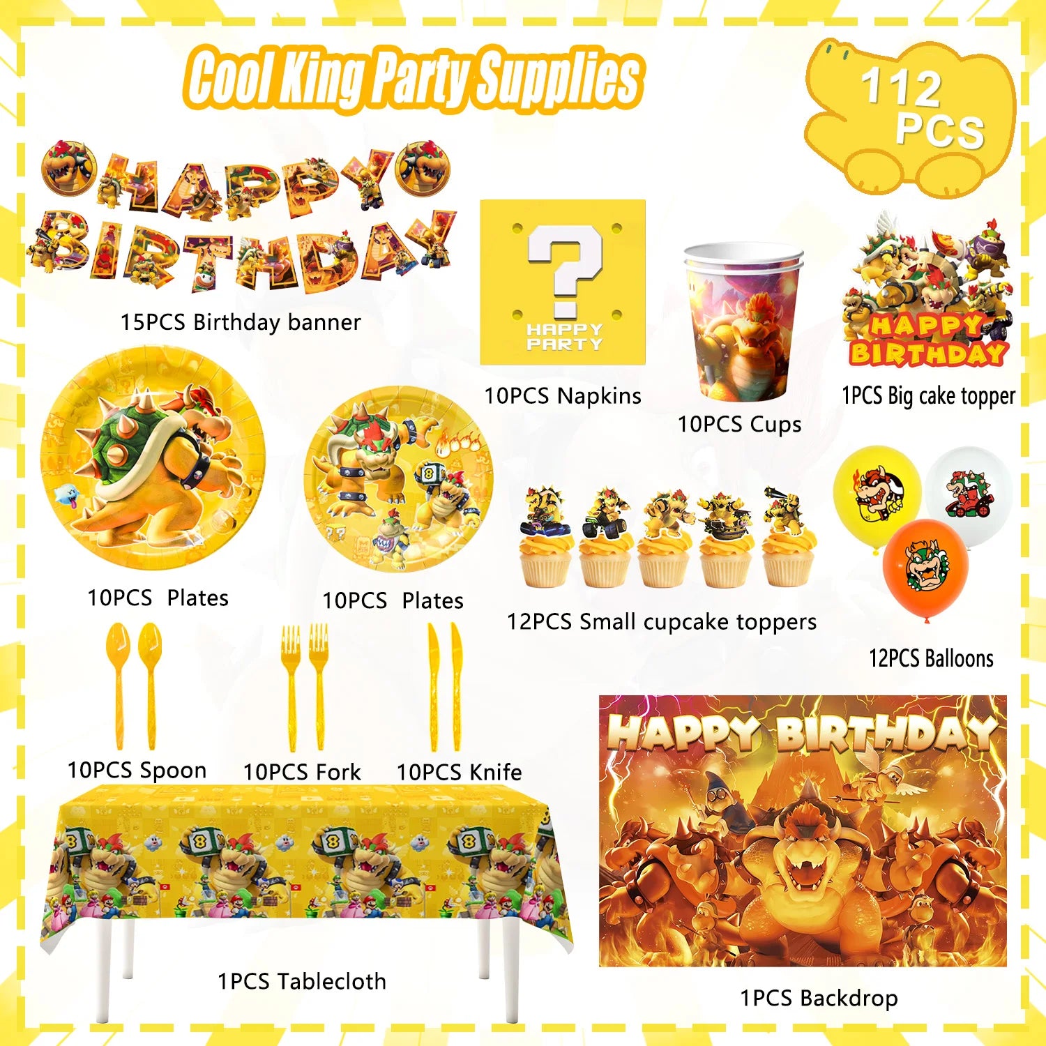 Party Supplies for Bowser Birthday,112pcs Decorations for King Kuppa party Banner,Plates,Cake Toppers,Tablecloths,Backdrop etc.
