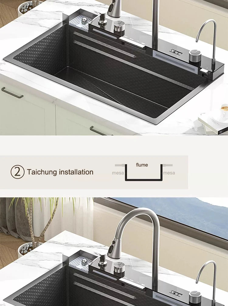Kitchen Sink Stainless Steel Waterfall Sinks Extra Large Single Slot with Digital Display Faucet Set For kitchen