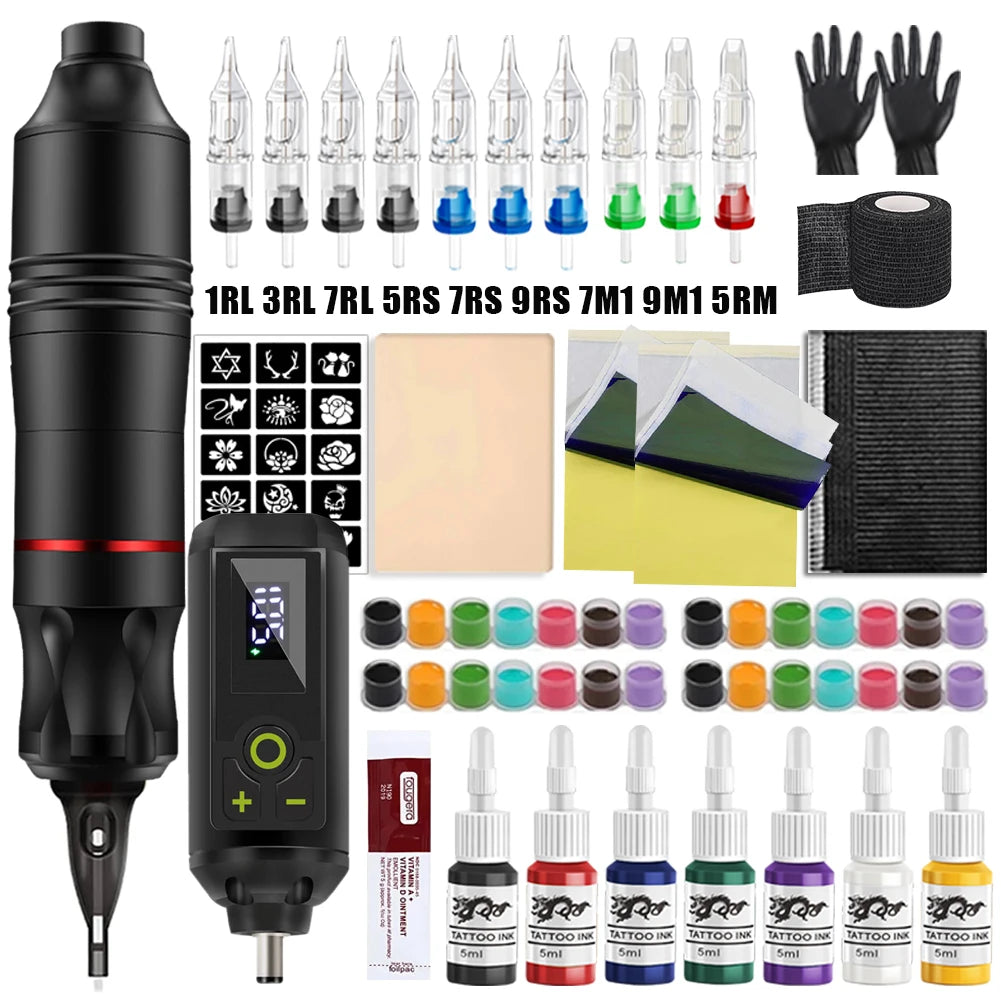 Professional Wireless Tattoo Machine Kit Rotary Tattoo Pen Kit with Wireless Power Supply Inks Needles for Tattoo Beginners Kits