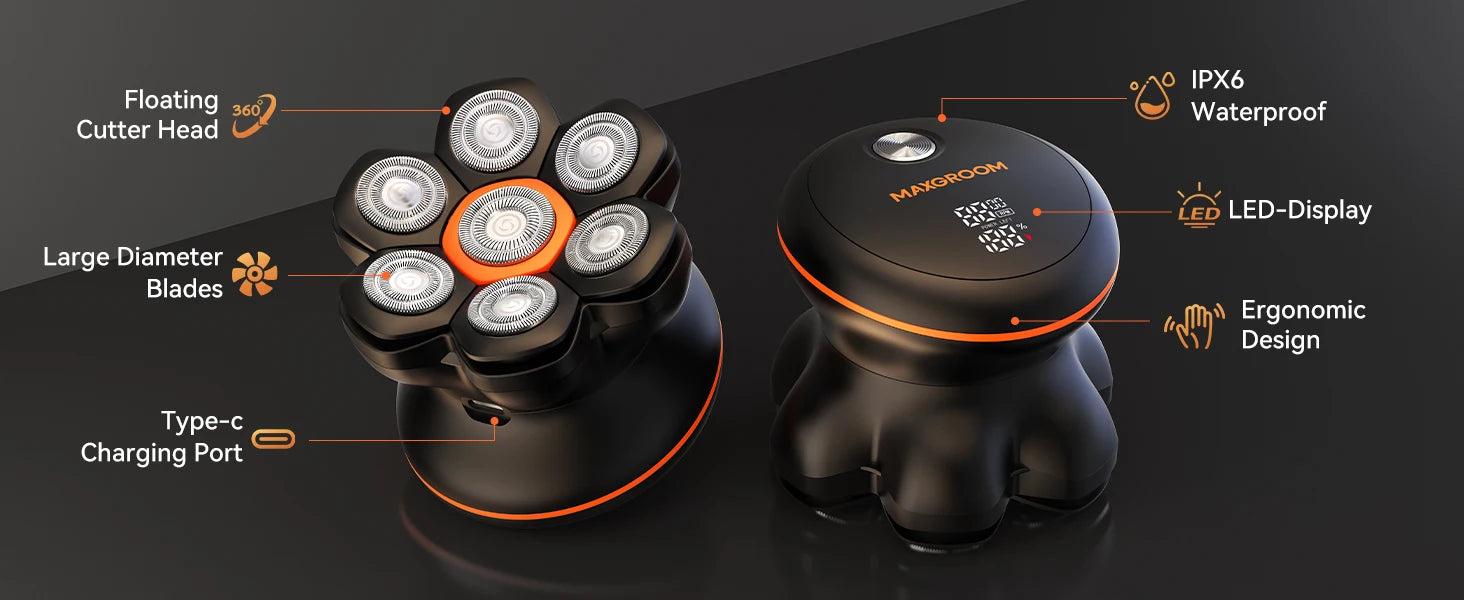 MAXGROOM 7D Head Shavers for Bald Men Wet/Dry Electric Shaver Hair Trimmer USB Rechargeable LED Display Waterproof Beard Trimmer