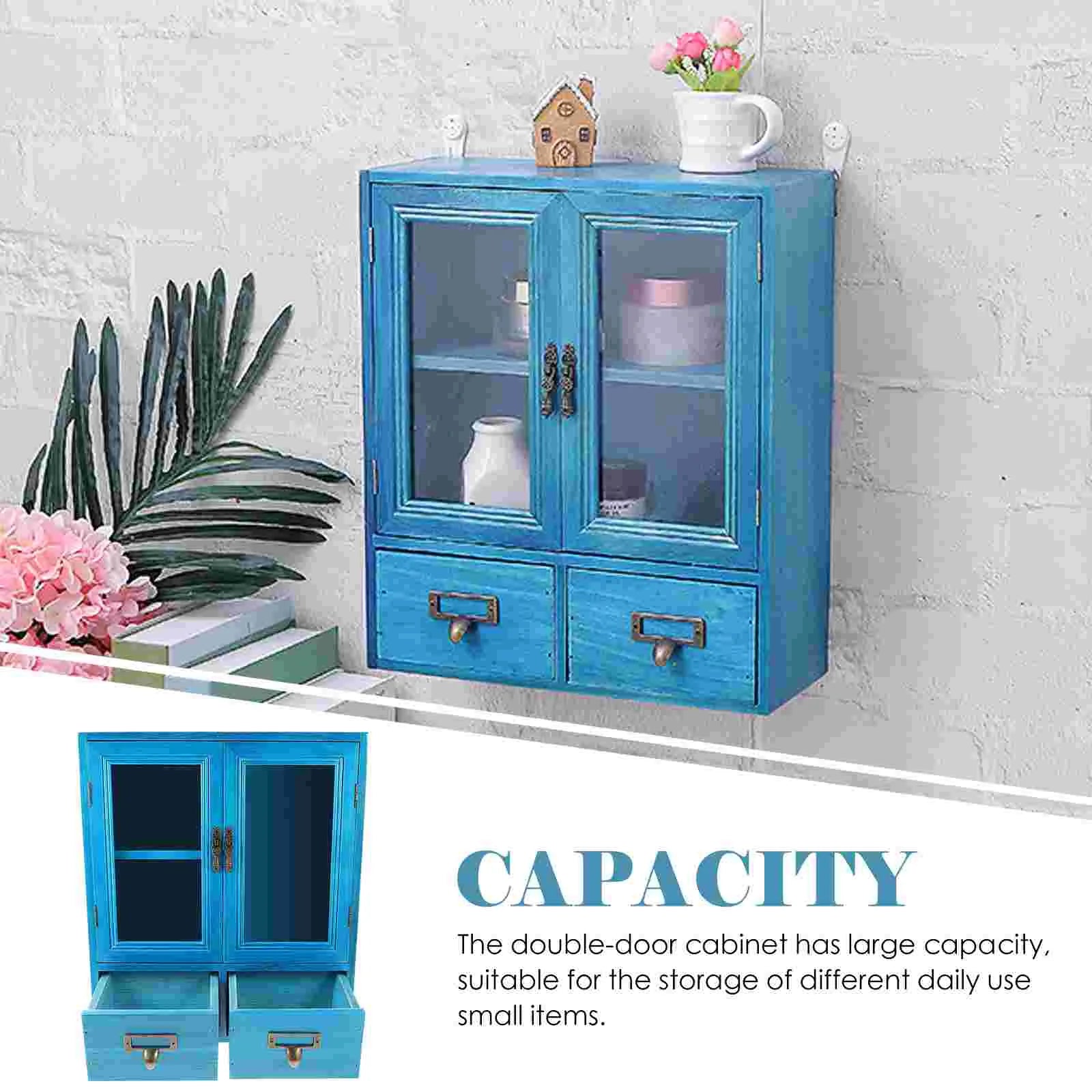 Blue Double Doors Retro Wall Wooden Cabinet Storage Box Display Countertop Furniture Kitchen Living Room House Wall Mount