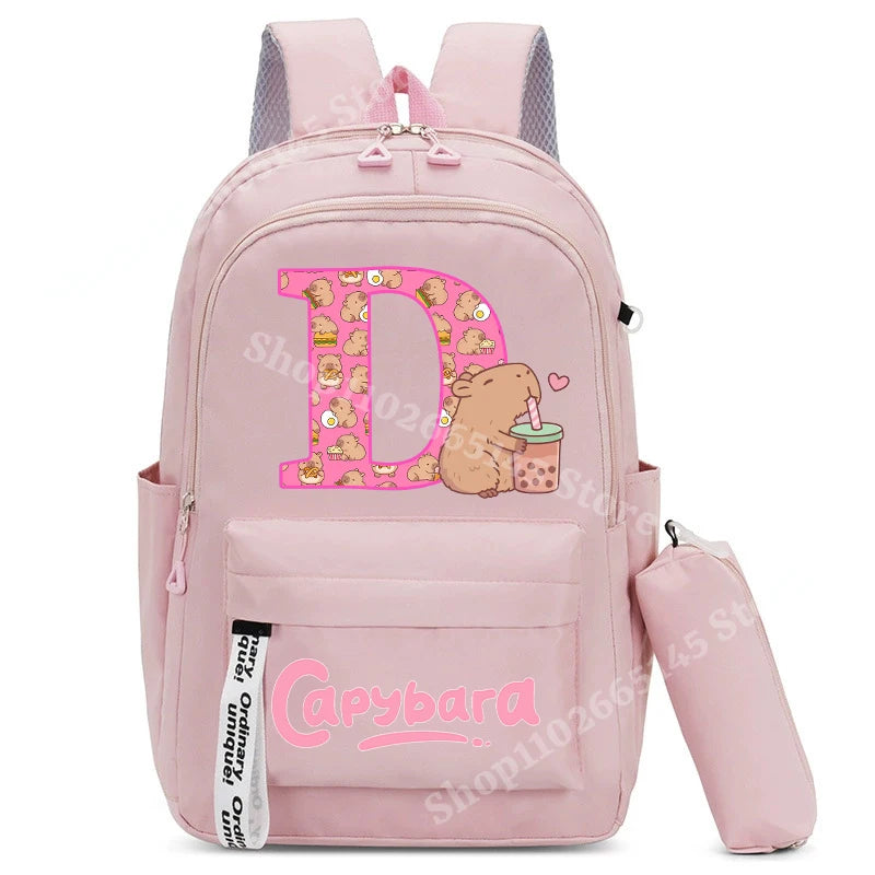 Cute Capibara Kids Backpack with Pencil Case Capybara Kawaii Girls School Bag Stationery Pouch Children Letter A-Z Rucksack Gift