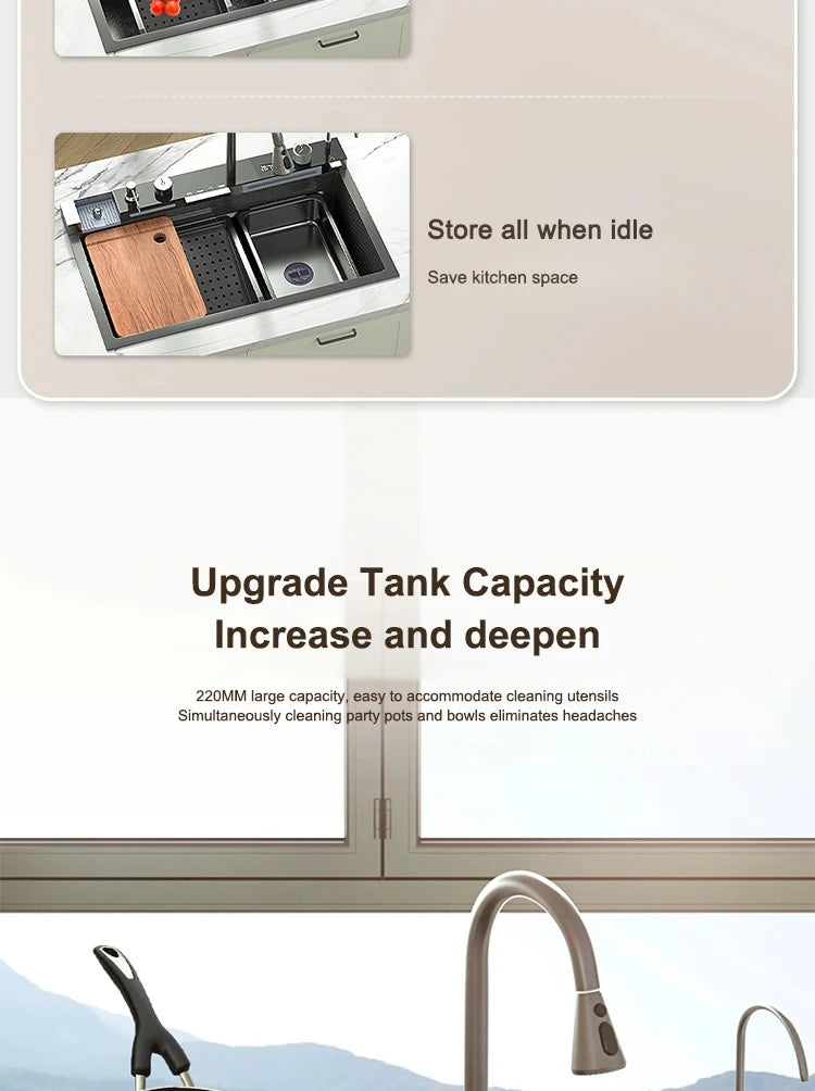 Kitchen Sink Stainless Steel Waterfall Sinks Extra Large Single Slot with Digital Display Faucet Set For kitchen