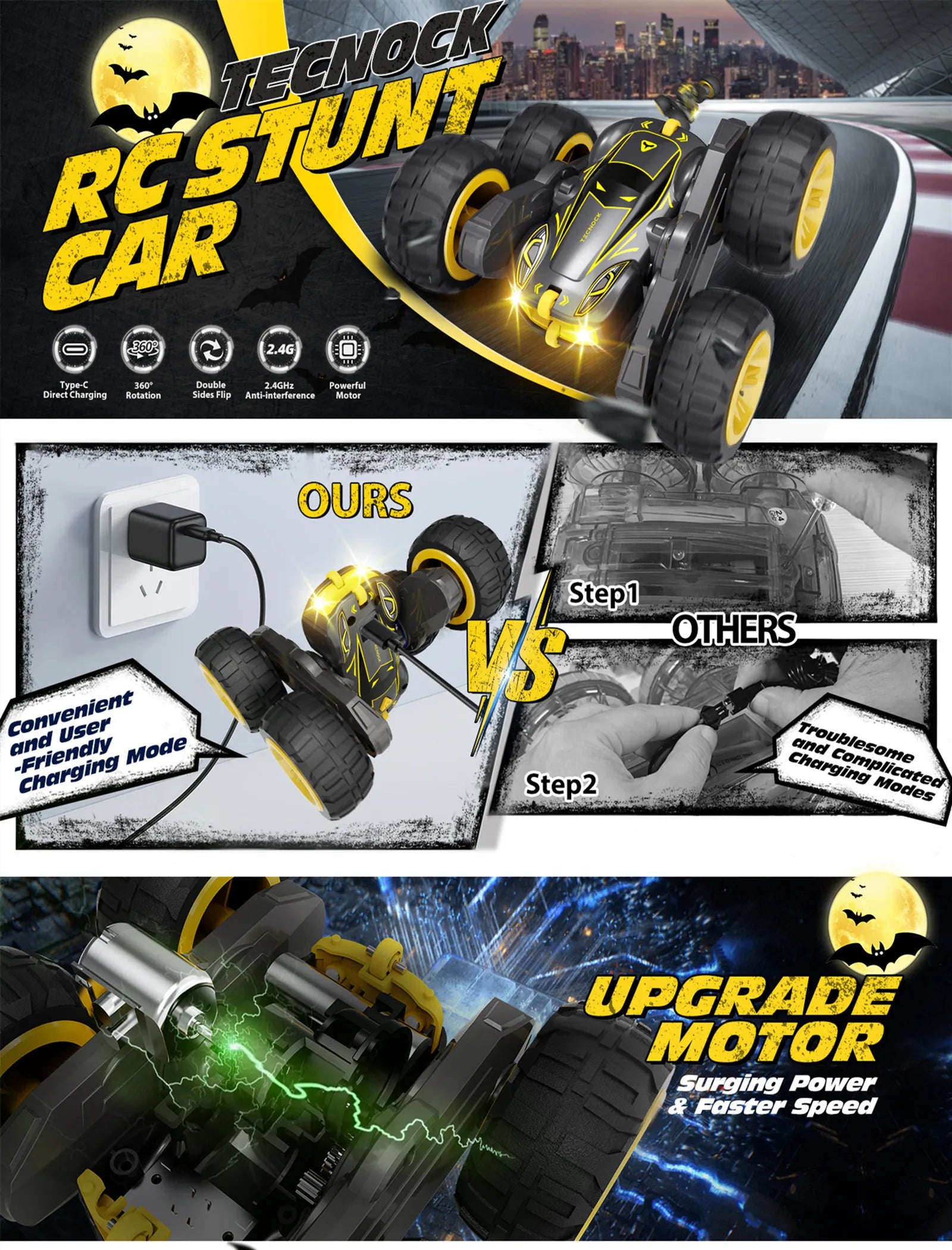 Remote Control Car with Lights, Type-C Fast Charging, 2.4GHz Double Sided Flips RC Cars, 360° Rotates RC Stunt Car Toys for Kids