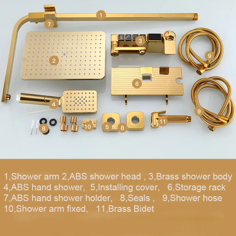 Thermostatic Digital Bathroom Shower Set Rainfall Shower Head Brass Bathroom Faucet Accessories Hot Cold Digital Shower System