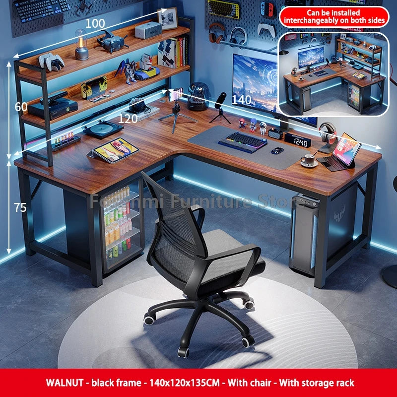 Modern L-Shaped Gaming Work Desk Chair Set Corner PC Table for Room Home Office Computer Desk and Chair Set Furniture with Shelf