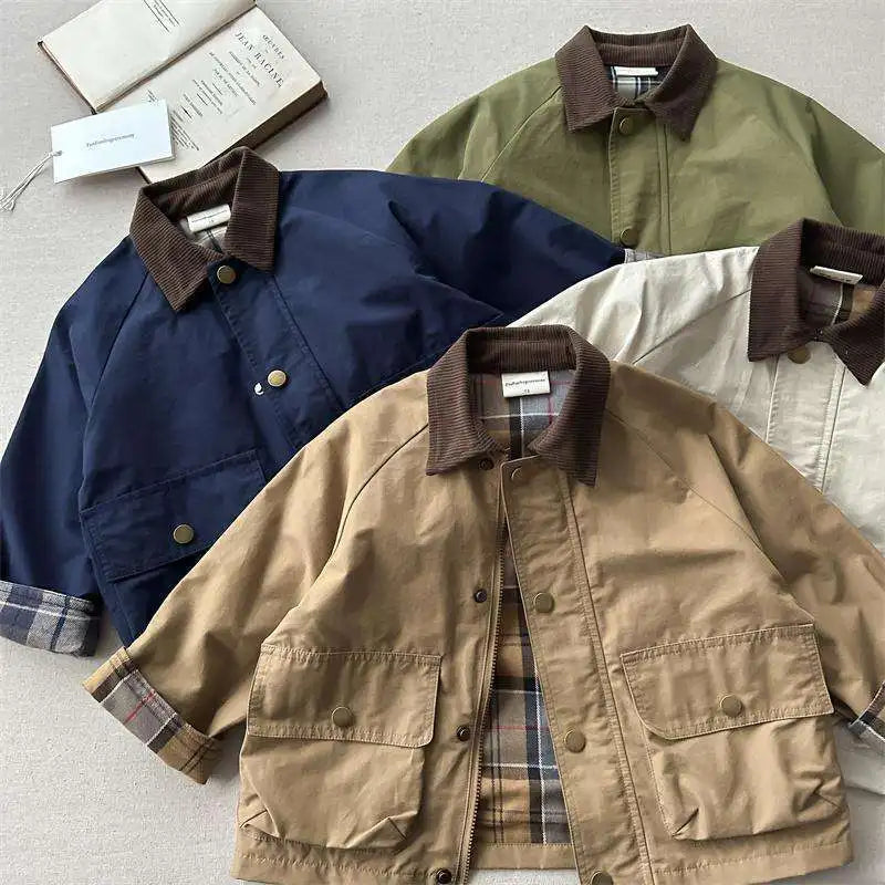 2025 UNITIM Spring Autumn Kids Boys Jacket Plaid Spliced Pocket Long Sleeve Toddler Boys Outerwears Coat Children Boys Jacket