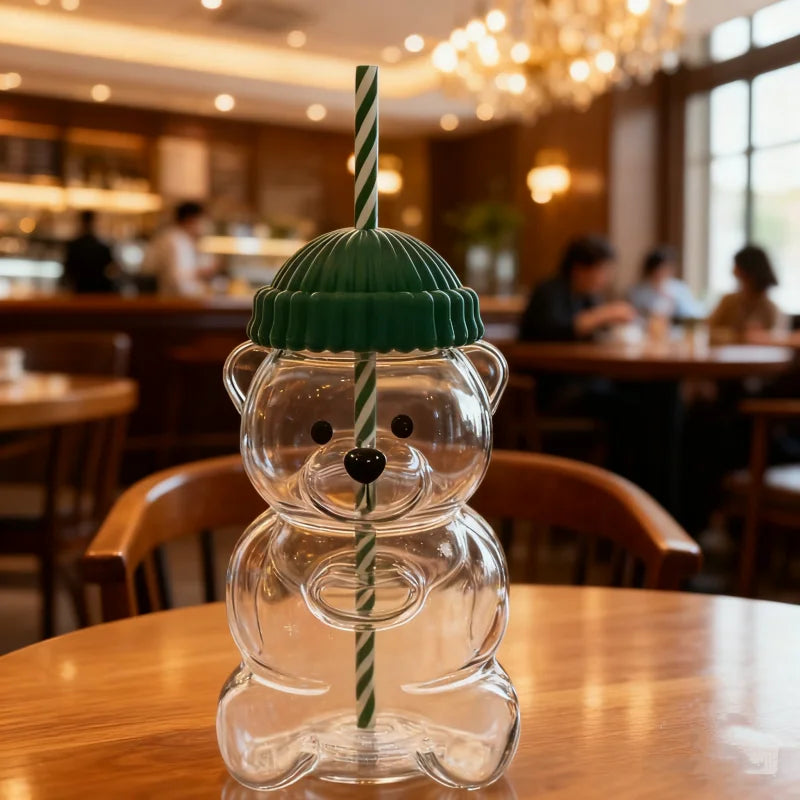 "Barista Bear Tumbler: Clear Bear Straw Cup, Perfect for Hot & Cold Drinks – The Cutest New Drinkware Trend"