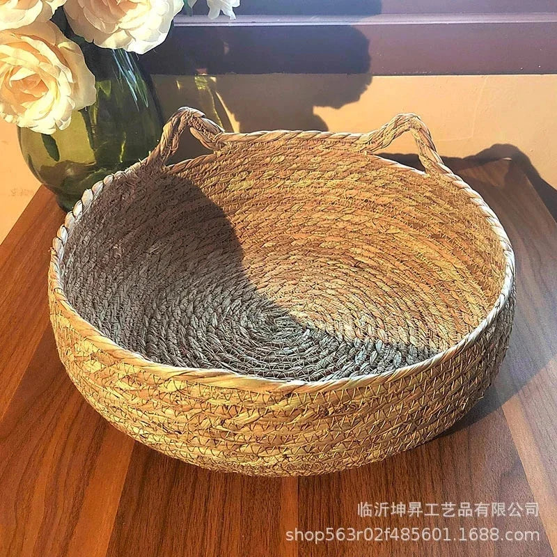 Rattan Weaving Cat Basket Bed With Soft Cushion Round Donut Design Cozy Warm Comfortable Sleeping Nest For Cats And Dogs