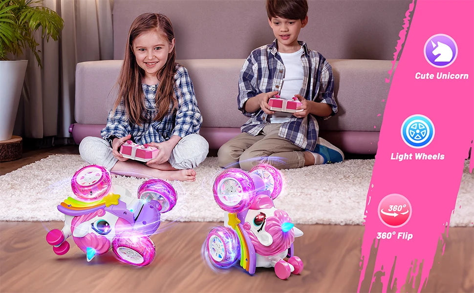 Unicorn Remote Control Car for Girls, 360° Rotating 4WD Stunt RC Cars with Cute Lights, Rechargeable Toys-Kid Birthday Gifts