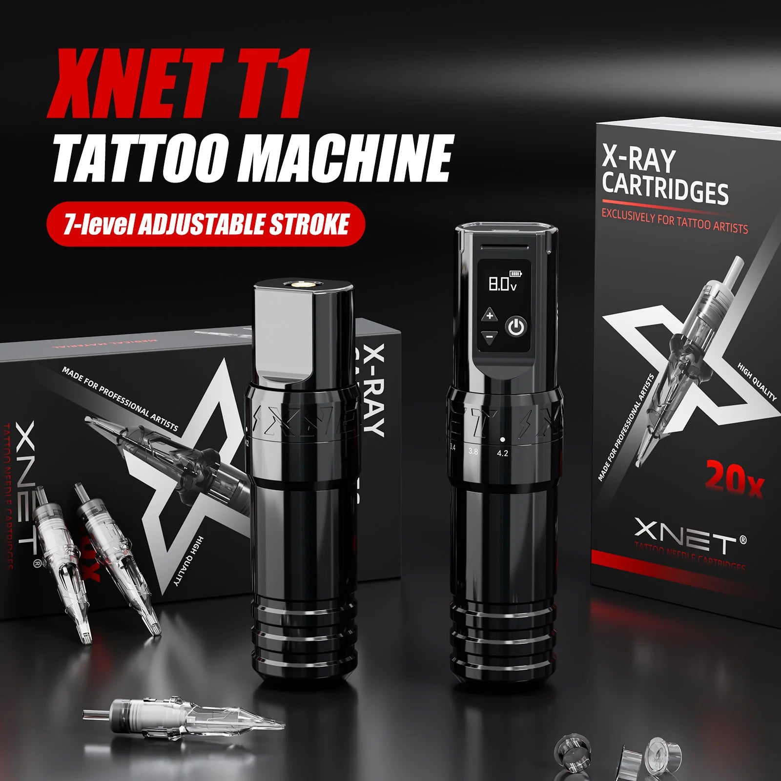 XNET T1 Wireless Tattoo Machine Pen Full Completed Kit Adjustable Stroke Custom Motor Makeup Pen 20pcs Cartridges For Tattoo Art