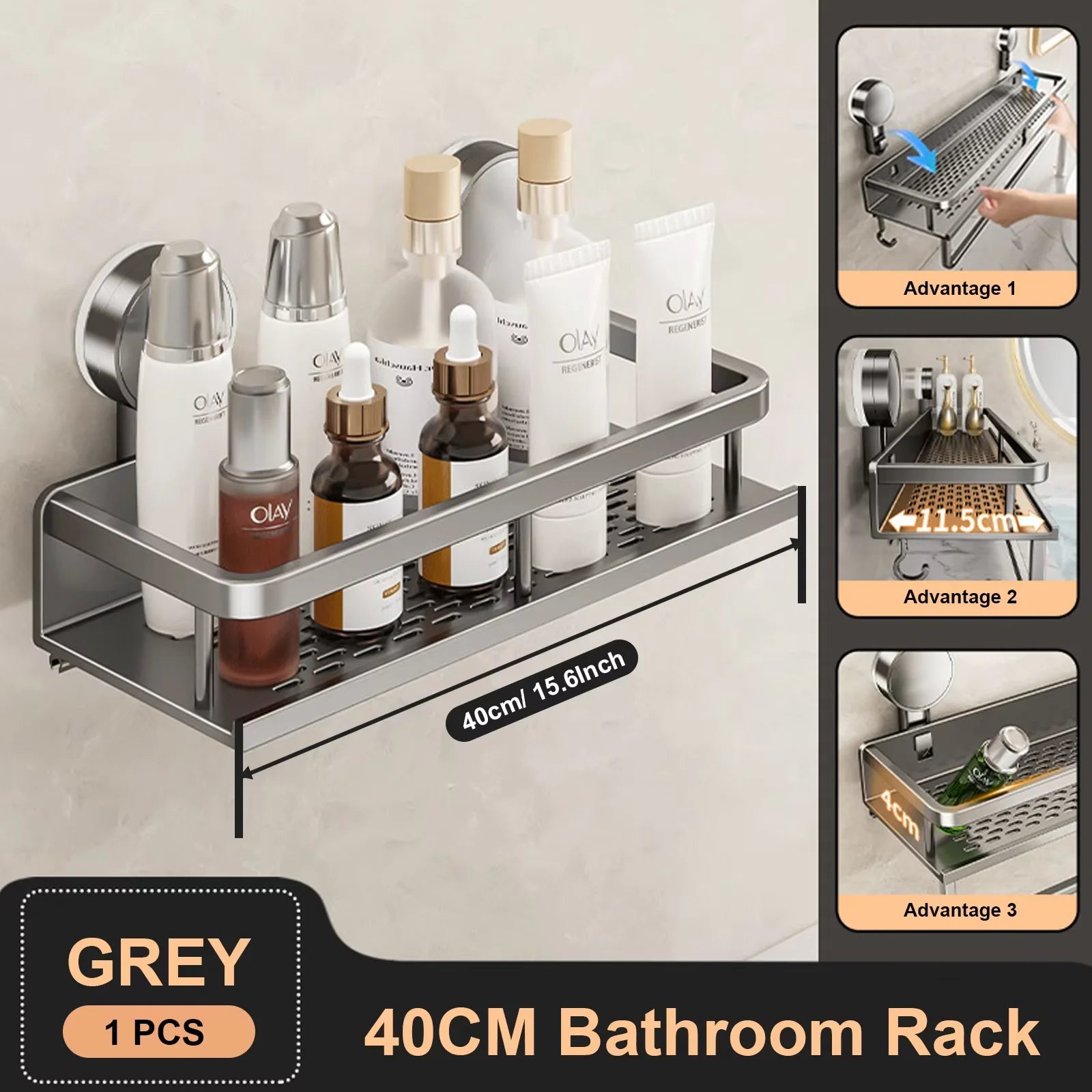 Space Aluminum Suction Cup Bathroom Rack No-punch Wall Mount Shower Storage Shelf Large Capacity Strong Load-bearing