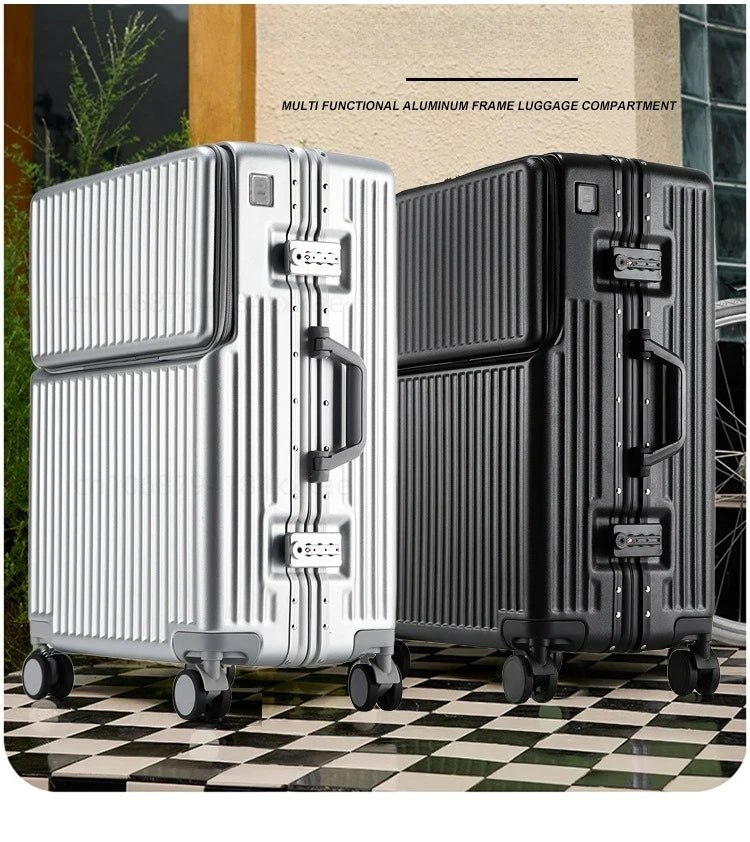 Aluminium Frame Rolling Luggage with Cup Holder Mobile Phone Holder Front Opening Suitcase Large capacity Travel Suitcase
