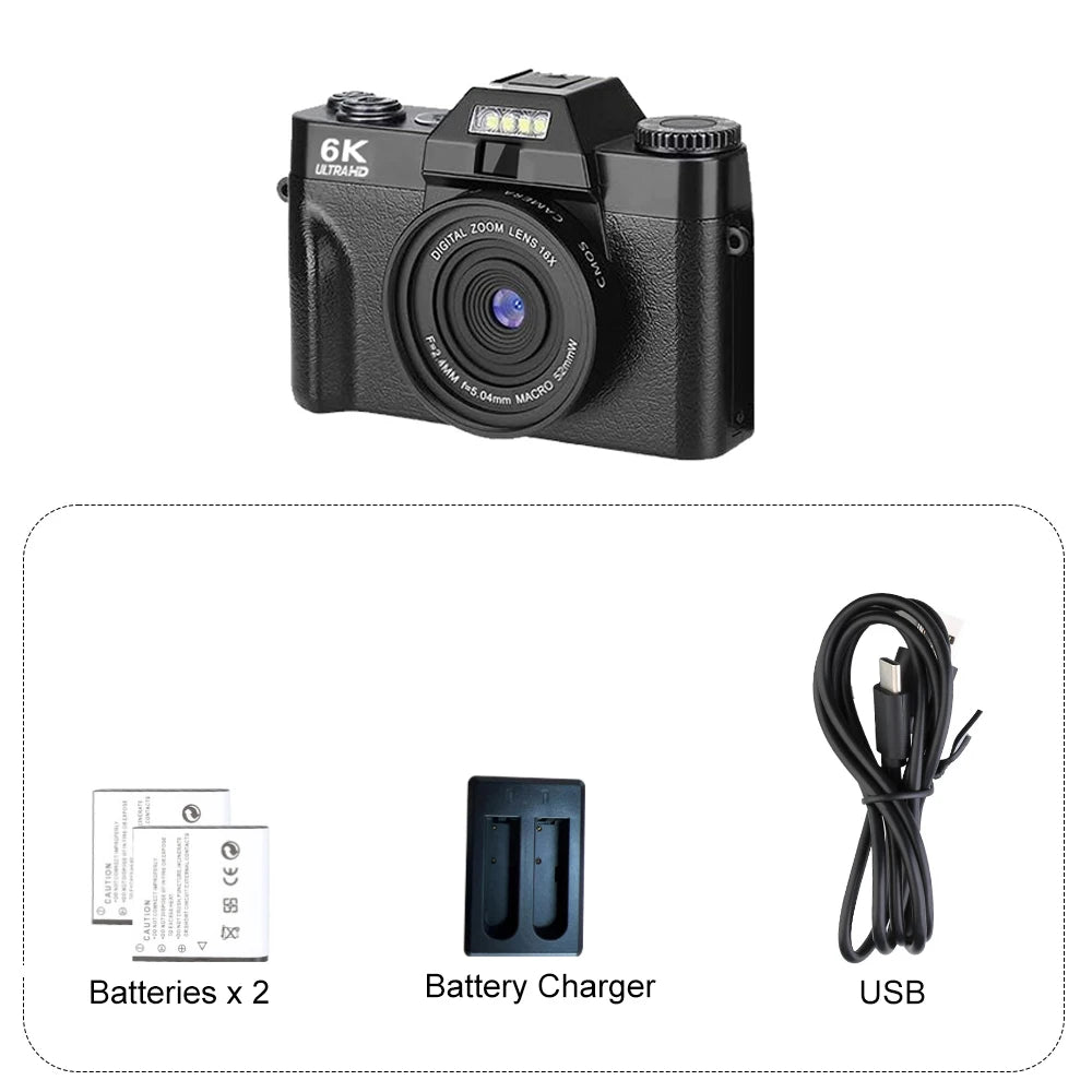 6K Digital Photography Camera 16X Digital Zoom 64MP Vintage Vlog Video Recorder YouTube 180° Flip Screen WiFi Web Cam With Flash