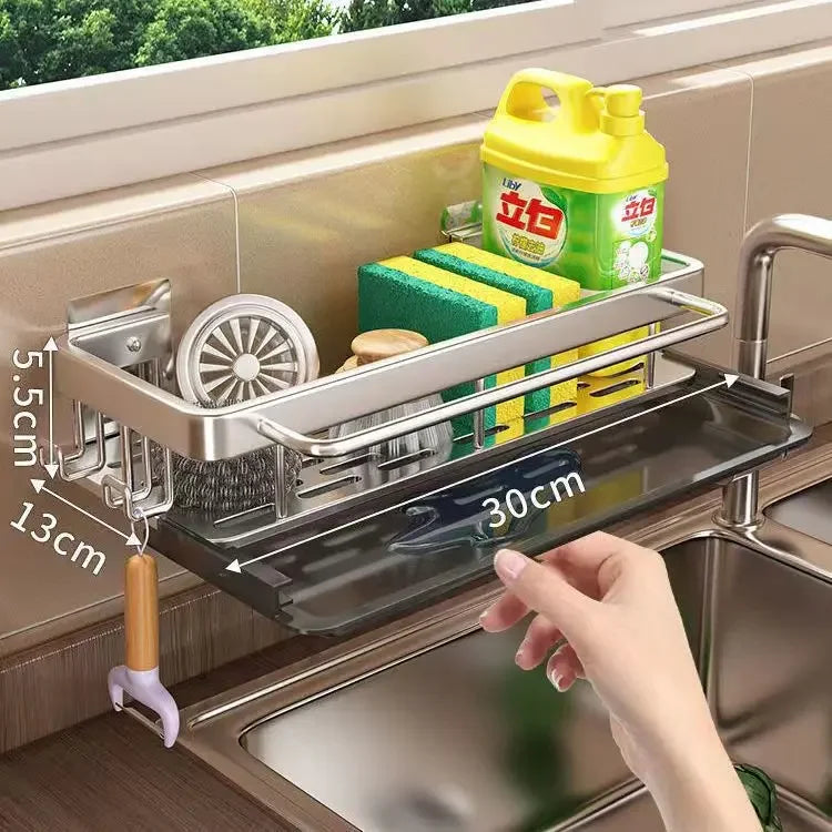 Aluminum Kitchen Storage Rack No-drill Sink Drain Rack Self-draining Sink Shelf Sponge Holder Dishcloth Towel Rack Filter Basket
