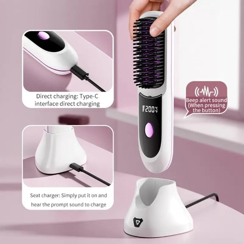 G8TC Cordless Hair Straightener Brush Fast Heating 3 Gear Adjustable Temperature USB Rechargeable Hair Straightening Comb