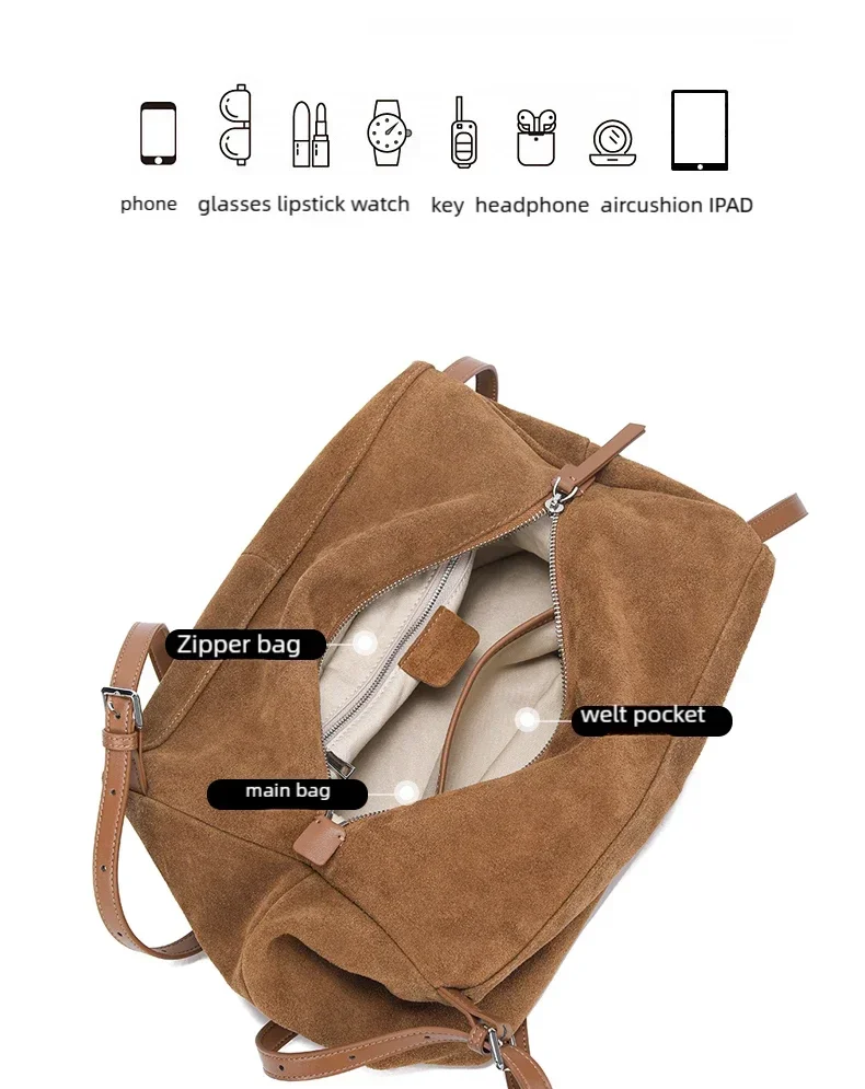 Women's Suede Cow Genuine Leather Shoulder Bags Ladies Soft Cowhide Crossbody Bag Female Design Luxury Lazy Commuting Handbag