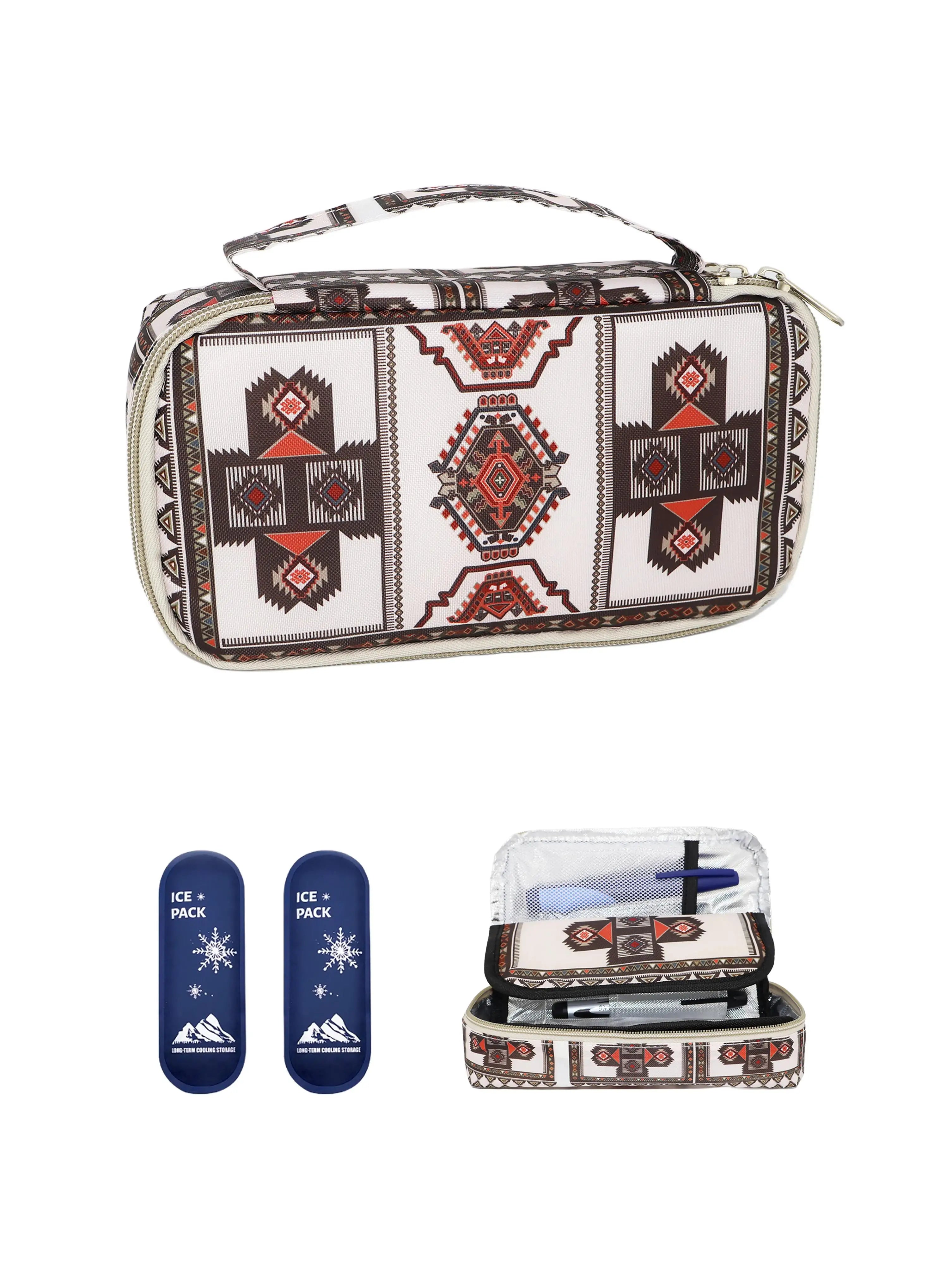 Large Portable Insulin Cooler Travel Bag - Lightweight, Boho Flower Print Durable Design for Outdoor Camping and Travel