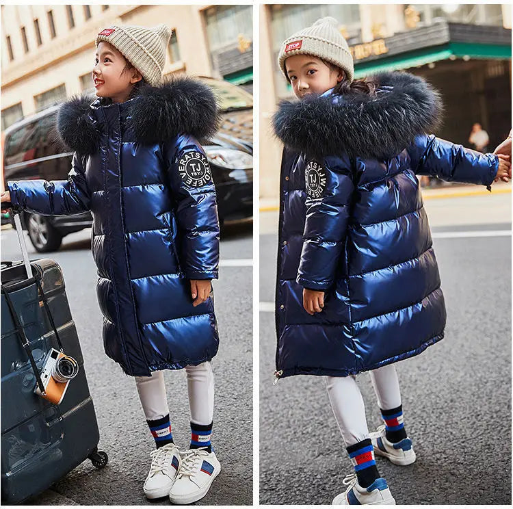 5-14 Years Old Winter Boys Girls Jacket Long Style Hooded Fur Collar Colorful Heavy Coat For Kids Children Outerwear