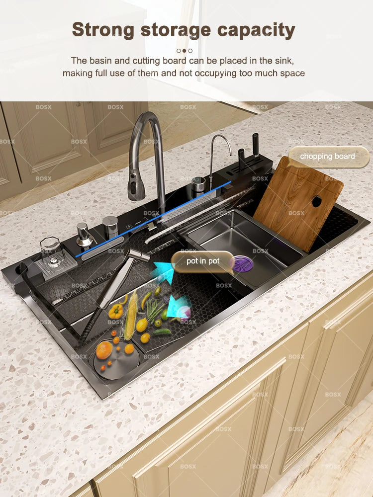 Kitchen Sink Stainless Steel Waterfall Sinks Extra Large Single Slot with Digital Display Faucet Set For kitchen