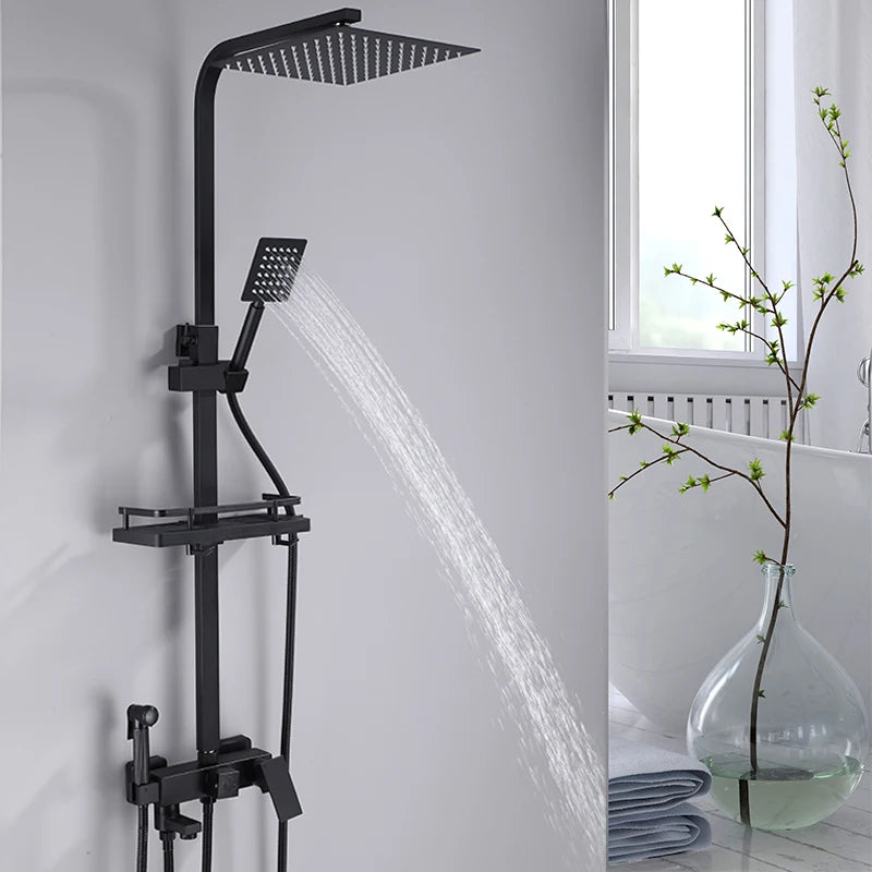 Black Gold Bathroom Shower System Brass Hot Cold Bathroom Faucets Set Accessories 10 Inch Stainless Steel Rain Shower Head