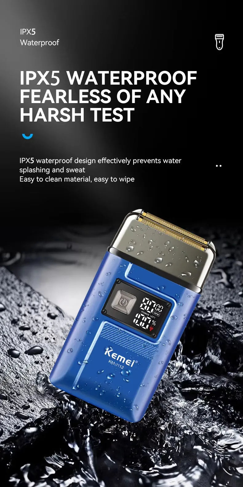 Kemei KM-1112 USB Charging IPX5 Waterproof Shaver 2 in1 Men's Rechargeable Electric Beard Razor Floating Forward Shaving Machine