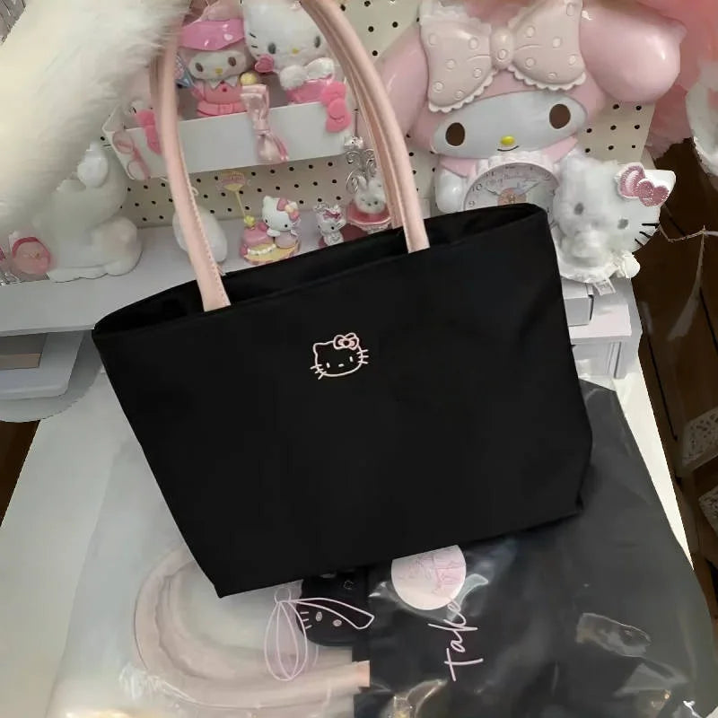 Cute cartoon embroidery large capacity shopping bag, fashionable and versatile shoulder bag, fashionable women's black handbag