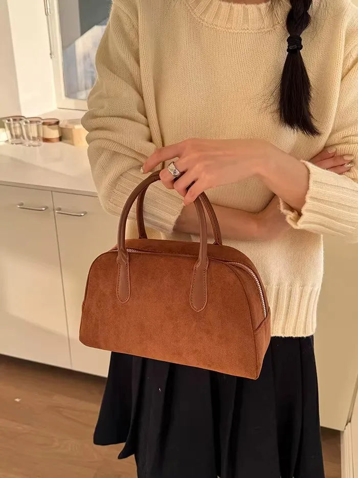 Brown Vintage Suede Tote Bag High Quality Designer Luxury Boston Handbag 2025 Winter New in Women's Bags Korean Hand Bag Ladies
