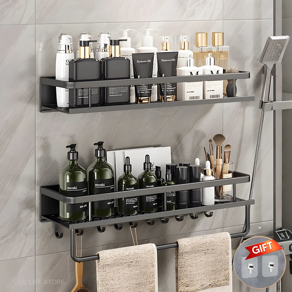 Aluminum Shower Organiser Bathroom Shelf Without Drilling Gray Wall Toilet Storage Shelf Shampoo Holder Bathroom Accessories