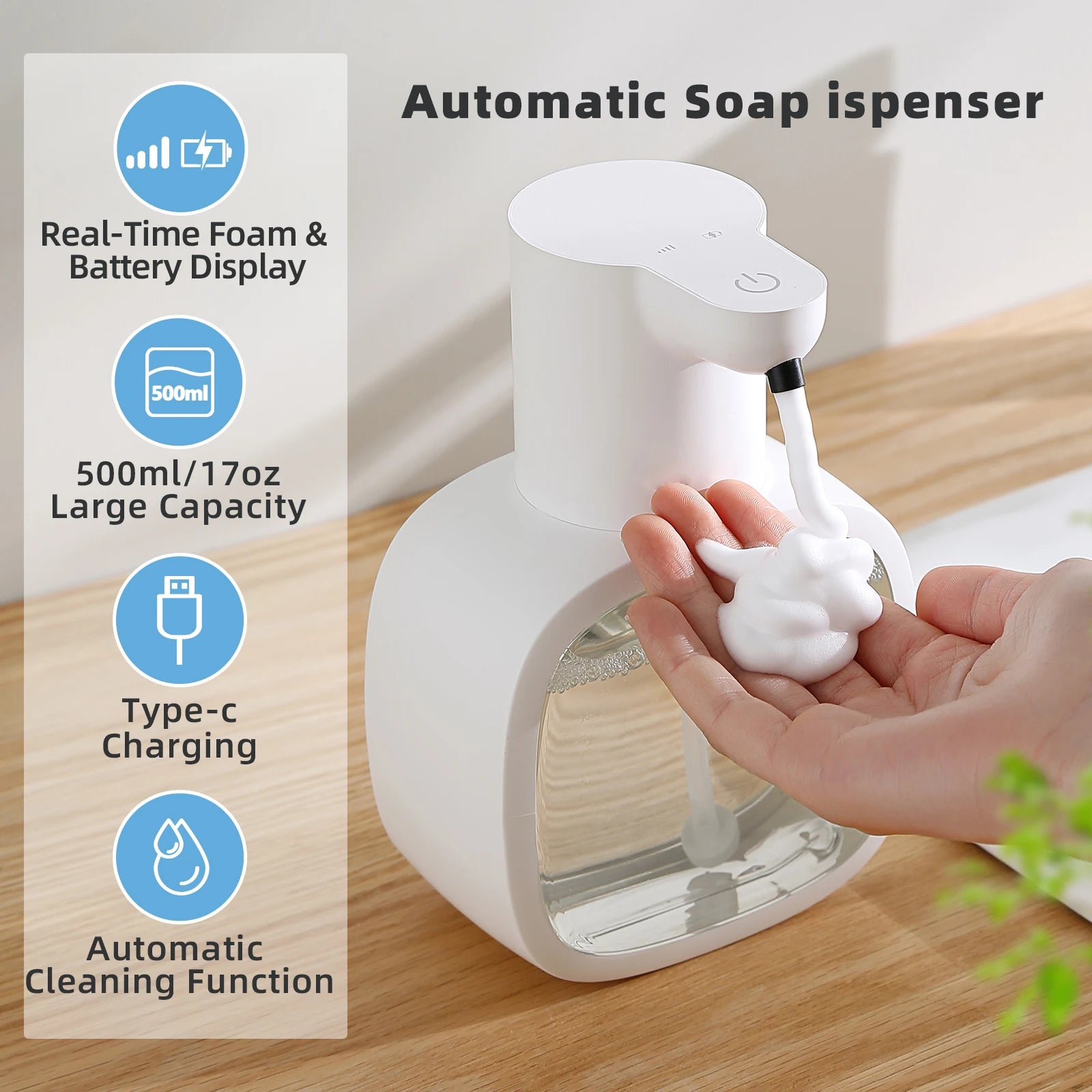 New Wall Mounted Automatic Soap Dispenser Foam Smart Hand Washing Machine 500ml Liquid Rechargeable Bathroom Induction Sensor